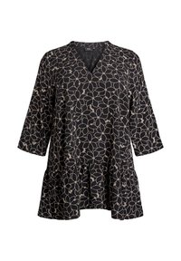 Black tunic with a V-neck, three-quarter sleeves, and a flared bottom, featuring a cream floral pattern and soft, textured fabric.