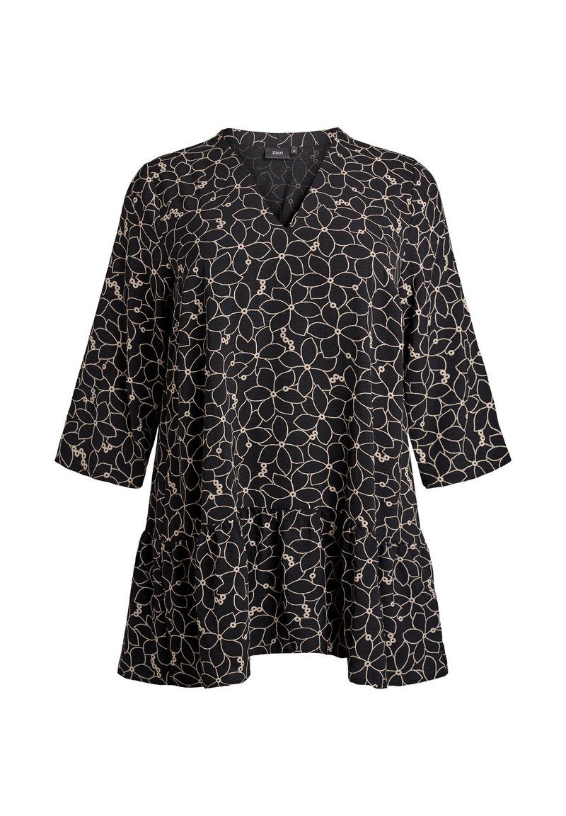 Black tunic with a V-neck, three-quarter sleeves, and a flared bottom, featuring a cream floral pattern and soft, textured fabric.