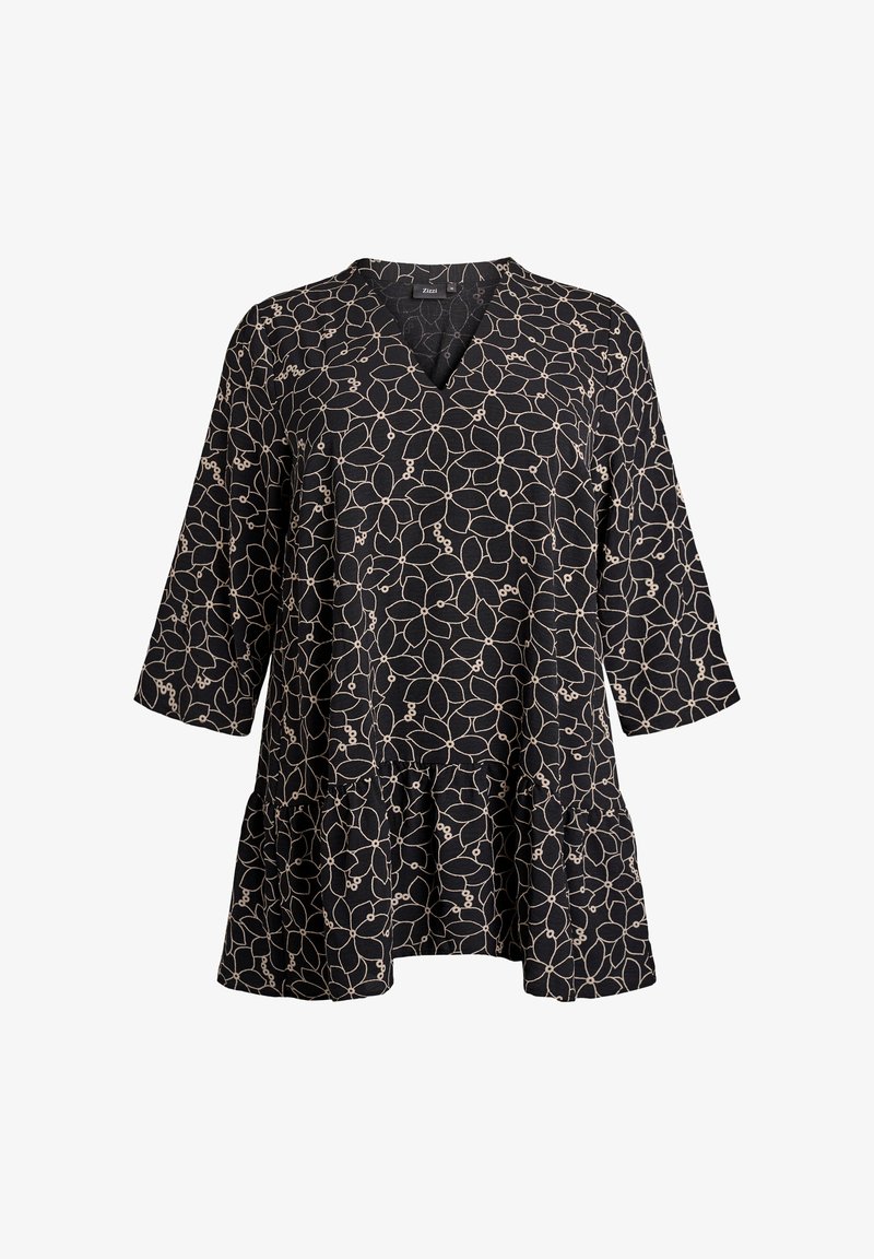 Black tunic with a V-neck, three-quarter sleeves, and a flared bottom, featuring a cream floral pattern and soft, textured fabric.