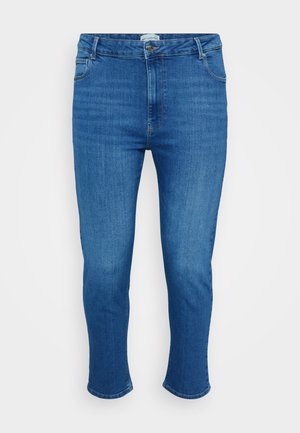 Blauwe denim jeans met een hoge taille, voorknop en rits, vijf zakken en een slim rechte pasvorm.