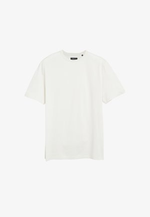 Schlichtes weißes kurzärmeliges Baumwoll-T-Shirt mit Rundhalsausschnitt und kleinem Markenlabel innen im Kragen, dargestellt auf weißem Hintergrund.