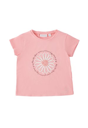 Maglietta rosa a maniche corte per bambino piccolo con grande disegno di margherita bianca e testo circolare che recita "fiorisci come un fiore diffondendo gentilezza e gioia."