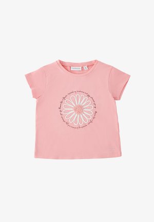 Maglietta rosa a maniche corte per bambino piccolo con grande disegno di margherita bianca e testo circolare che recita "fiorisci come un fiore diffondendo gentilezza e gioia."