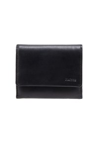 Black leather wallet with a smooth texture, rectangular shape, and a front flap closure. Features embossed logo at the bottom right.