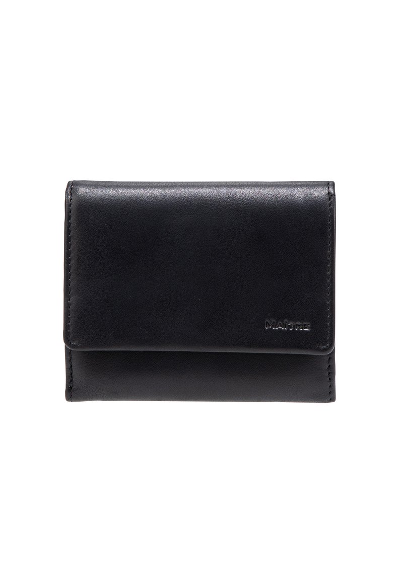 Black leather wallet with a smooth texture, rectangular shape, and a front flap closure. Features embossed logo at the bottom right.