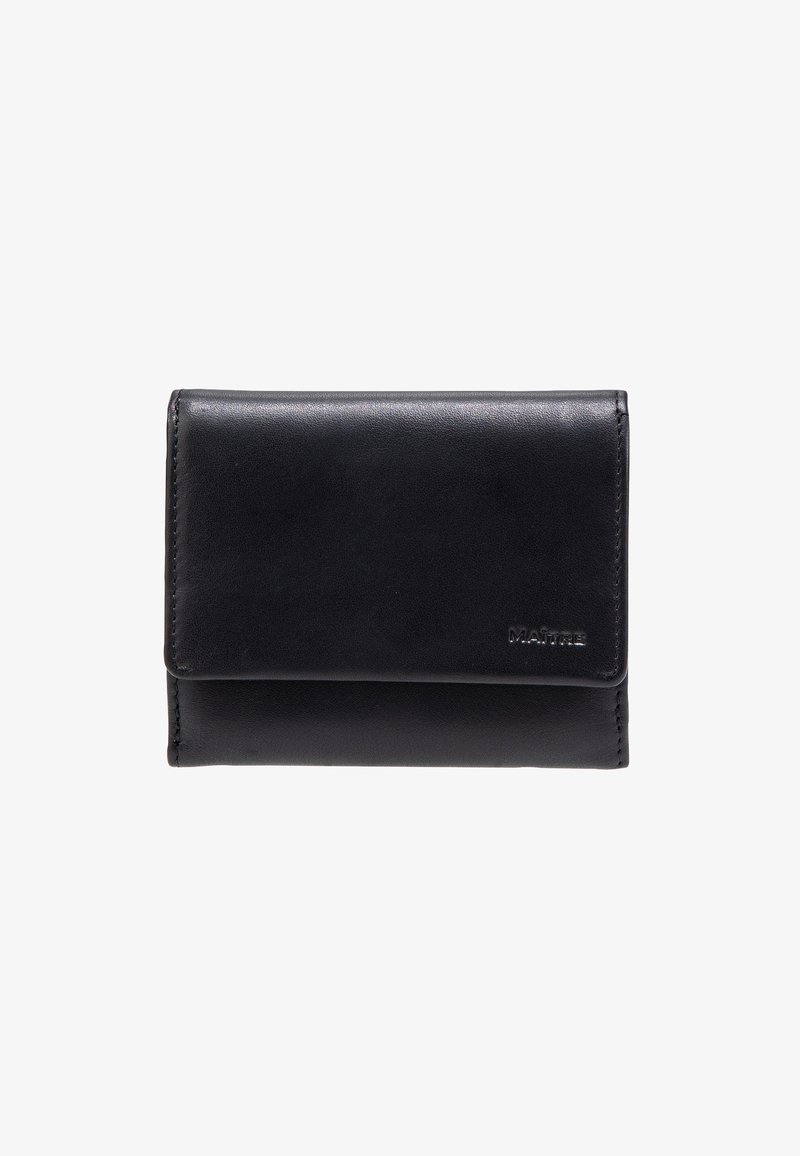 Portafoglio in pelle nera con una texture liscia, forma rettangolare e chiusura con patta frontale. Presenta un logo impresso nell'angolo in basso a destra.