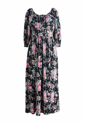 Schwarzes langes Blumenkleid mit rosa Rosen, grünen Blättern, spitzenartigen Mustern, dreiviertellangen Puffärmeln und einer gerafften Taille mit Bindeband am Ausschnitt.