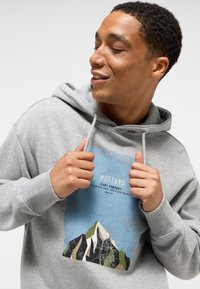 Grå hættetrøje med et frontgrafik, der viser stiliserede bjerge og tekst i blå og sort. Snore i en lys farve, blød tekstur.