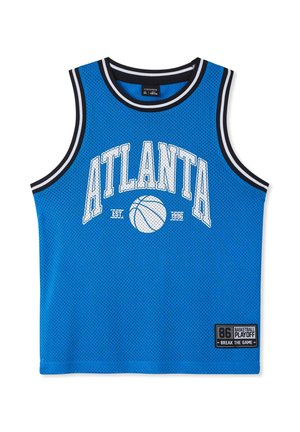 Canotta da basket blu senza maniche con bordi neri e bianchi, scritta "ATLANTA", grafica di un pallone da basket e toppa "86 Basketball Playoff".