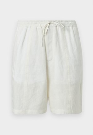 Fehér vászon zsinóros rövidnadrág gumis derékpánttal és oldalsó varrással, egyszínű háttéren bemutatva.