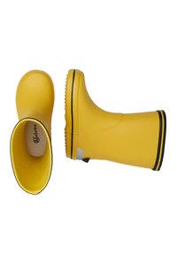 Gula gummistövlar med svarta accenter. Slät textur, rund tå och randig detalj upptill. Mönstrad sula för bra grepp.