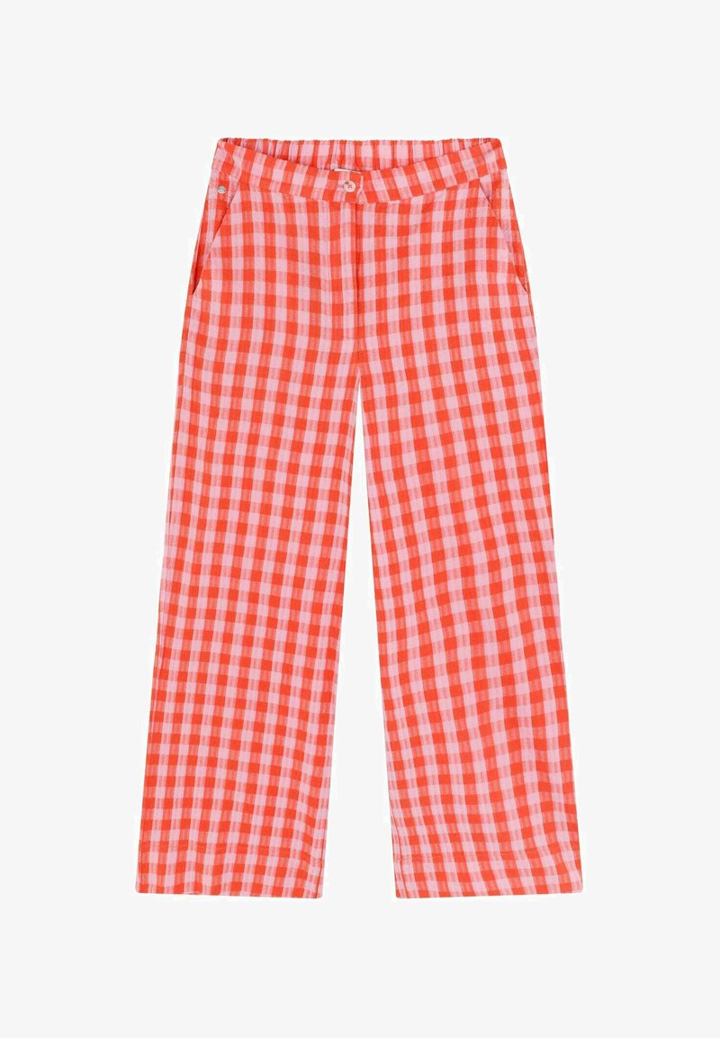 Wide-leg plaid pants in orange and pink checks, featuring a relaxed fit, elastic waistband, and side pockets. Made from lightweight fabric.