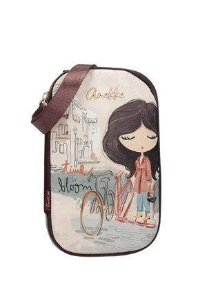 Piccola borsa a tracolla con illustrazione di ragazza dei cartoni animati, bicicletta e testo "time to bloom" su sfondo chiaro con tracolla marrone.