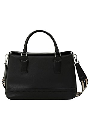 Black leather handbag with structured shape, top handles, detachable shoulder strap, and silver-tone hardware. Features textured surface and subtle stitching.