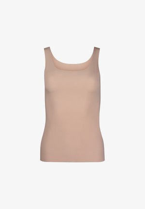 Ärmelloses beiges Tanktop mit breiten Trägern und abgerundetem quadratischem Ausschnitt, dargestellt auf weißem Hintergrund.