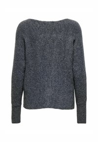 Temno siva dolga pletena jopica z teksturirano tkanino in rebrastimi manšetami, prikazana s hrbtne strani na beli podlagi.