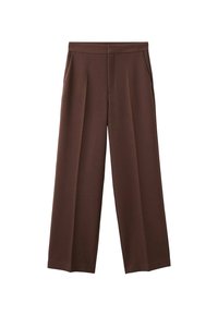 Pantalones de pierna ancha marrones con una textura suave, que cuentan con dos bolsillos laterales y un frente con pliegues para un ajuste relajado.