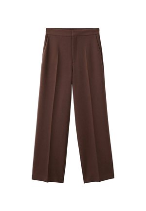 Pantalones de pierna ancha marrones con una textura suave, que cuentan con dos bolsillos laterales y un frente con pliegues para un ajuste relajado.