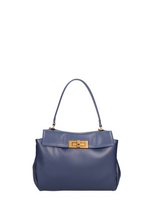 Sac en cuir bleu avec une forme structurée, un rabat supérieur plat et un fermoir en métal doré. Dispose d'une seule bandoulière.