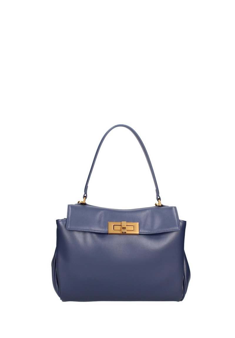 Borsa a tracolla in pelle blu con una forma strutturata, un pattino superiore piatto e una chiusura in metallo color oro. Presenta una sola tracolla.