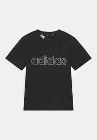 Musta lyhythihainen pyöreäkauluksinen t-paita, jossa on keskellä edessä valkoisella ääriviivakirjalla "adidas"-logo.