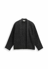 Black cardigan with a textured knit, open front, wide sleeves, and ribbed collar. Features a subtle shimmering effect throughout.