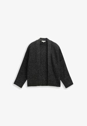 Zwarte cardigan met een textuurgebreide stof, open voorkant, brede mouwen en geribbelde kraag. Bevat een subtiele glinsterende effect overal.