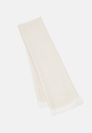 Cremfarbener Schal mit einem strukturierten Rautenmuster und fransigen Kanten, aus weichem Material, mit einer Länge von etwa 70 Zoll.