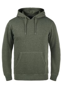 Green hooded sweatshirt made of soft fabric, featuring a front pouch pocket, adjustable drawstrings, and ribbed cuffs and hem.