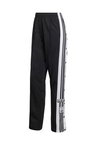 Crne sportske hlače s bijelim okomitih prugama, kopčama sa strane i Adidas logom na donjem dijelu nogavice.