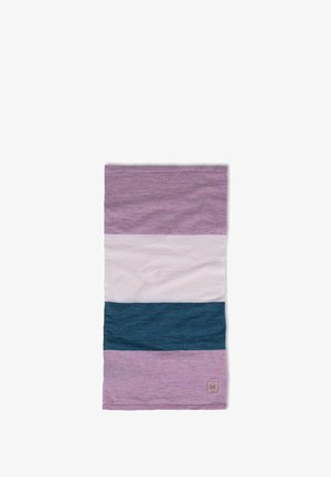 Multifarbener Baumwollhandtuch mit horizontalen Streifen in Lila, Hellrosa und Dunkelblau; enthält ein kleines Logotag.