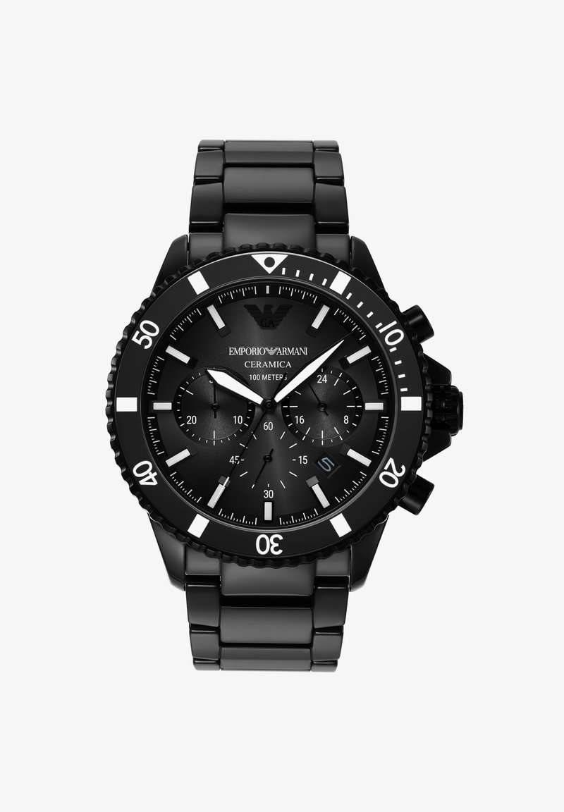 Black ceramic watch with a round case, chronograph functionality, and contrasting white markers. Features a ridged rotating bezel and date window.