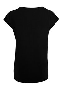 Schwarzes T-Shirt mit kurzen, umgeschlagenen Ärmeln, runder Ausschnitt und lockerer Passform. Aus weichem Stoff gefertigt, mit einem abgerundeten Saum auf der Rückseite.