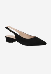 Black suede slingback shoe with a pointed toe, low block heel, and adjustable ankle strap. Smooth texture and minimalist design.