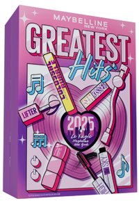 Coffret-cadeau Greatest Hits de Maybelline avec un design rose et violet, motif de disque vinyle circulaire, éléments musicaux et divers cosmétiques illustrés.