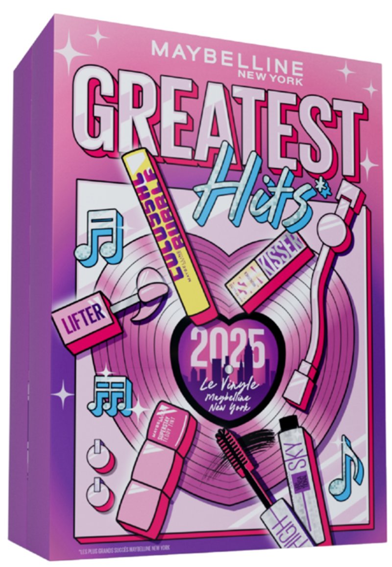 Coffret-cadeau Greatest Hits de Maybelline avec un design rose et violet, motif de disque vinyle circulaire, éléments musicaux et divers cosmétiques illustrés.
