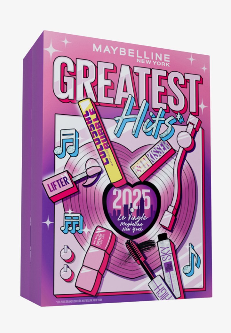 Coffret-cadeau Greatest Hits de Maybelline avec un design rose et violet, motif de disque vinyle circulaire, éléments musicaux et divers cosmétiques illustrés.