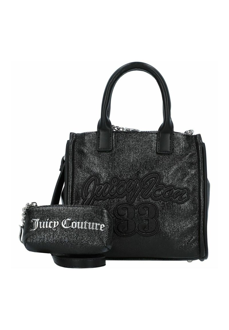 Borsa nera testurizzata con manici superiori, dettagli in rilievo "Juicy Icon 33" e logo "Juicy Couture". Include una pochette staccabile.