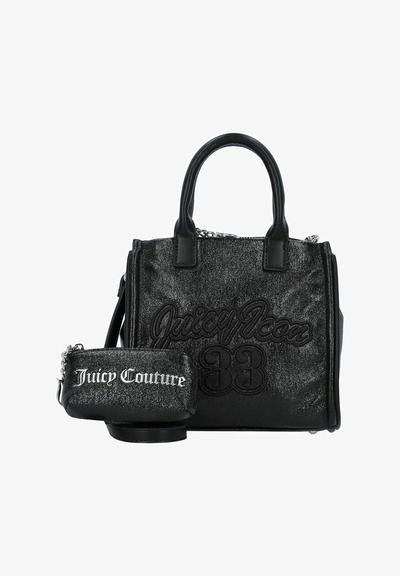 Borsa nera testurizzata con manici superiori, dettagli in rilievo "Juicy Icon 33" e logo "Juicy Couture". Include una pochette staccabile.