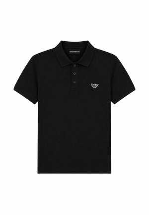 Polo nera a maniche corte con tre bottoni e piccolo logo bianco Emporio Armani sul petto sinistro.