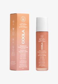Coola Rosilliance Tinted Moisturizer w butelce z matowego szkła z białą pompką, posiada delikatny brzoskwiniowy odcień i pomarańczowe opakowanie z tektury.
