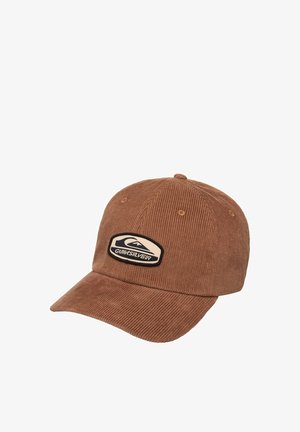 Brown corduroy baseball cap with curved brim and a Quiksilver logo patch on the front, shown on a plain white background.