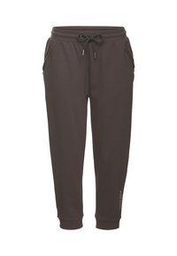 Dunkelbraune Jogginghosen aus weichem Material, mit goldenen Reißverschlüssen an den Taschen, elastischem Bund mit Kordelzug und engen Bündchen an den Knöcheln.