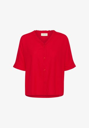 Rode blouse met korte mouwen en een V-hals, voorzien van een gerimpelde kraag, met een knoopsluiting aan de voorkant en een relaxte pasvorm. Glad stoftextuur.