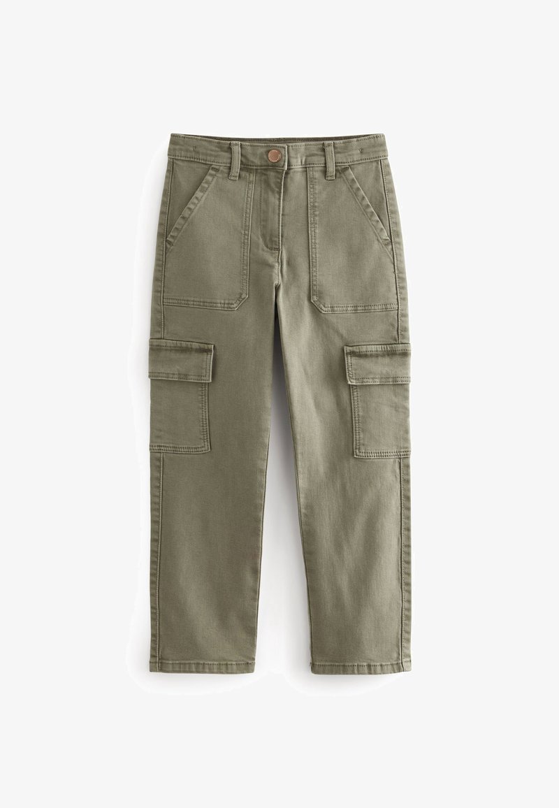 Pantalon cargo vert olive à jambe droite avec poches à rabat à l’avant et sur les côtés, passants de ceinture et fermeture par bouton à la taille.