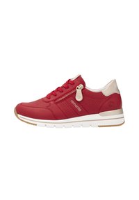 Red leather sneaker with perforated detailing, white midsole, beige accents, lace-up front, and side zipper. Textured surface for grip.