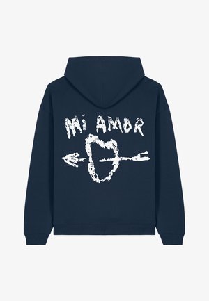 Marineblaues Sweatshirt mit Kapuze, mit weißem grafischem Text "Mi Amor" und einem von einem Pfeil durchbohrten Herzen auf der Rückseite. Aus Baumwollmischung.