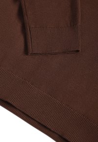 Pull en maille marron avec poignets et ourlet côtelés, texture lisse et coupe ajustée, mettant en valeur ses détails de design subtils.