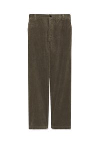 Olijfgroene corduroy broek met een rechte pasvorm, sluiting met een knoop aan de voorkant en subtiele verticale ribbels voor textuur.
