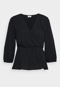 Blusa nera a maniche lunghe avvolgente con scollatura a V, vita arricciata e maniche larghe. Tessuto morbido con orlo svasato.